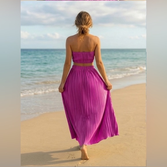Twist-Front Crop Top & Flowy Pleated  Maxi Skirt Set Pink - Picture 5 of 10